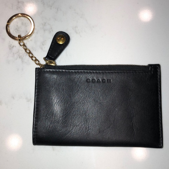 COACH black leather coin purse key chain